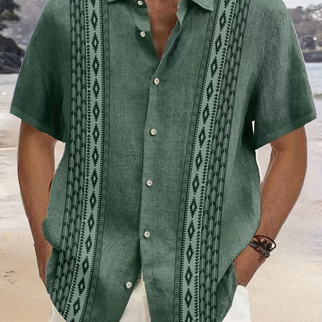 kkboxly  Vintage Geometric Ethnic Pattern Button Down Shirt for Plus Size Men - Perfect for Hawaiian Summer Parties and Holidays