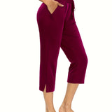 kkboxly  Minimalist Split Hem Cropped Pants, Casual Solid Drawstring Elastic Waist Simple Pants, Women's Clothing