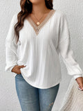 Ribbed Lace Trim V Neck T-Shirt, Casual Long Sleeve Top For Spring & Fall, Women's Clothing