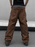 kkboxly Men's Casual Loose Fit Jeans, Chic Street Style Multi Pocket Wide Leg Jeans