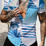 kkboxly  Casual Ripple Pattern Short Sleeve Shirt, Men's Hawaiian Shirt For Summer Vacation Resort