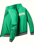 kkboxly  Towel Letter Embroidery Men's Retro Striped Long Sleeve Zip Up Sports Jacket With Pockets, Preppy Style Outwear With Stand Collar