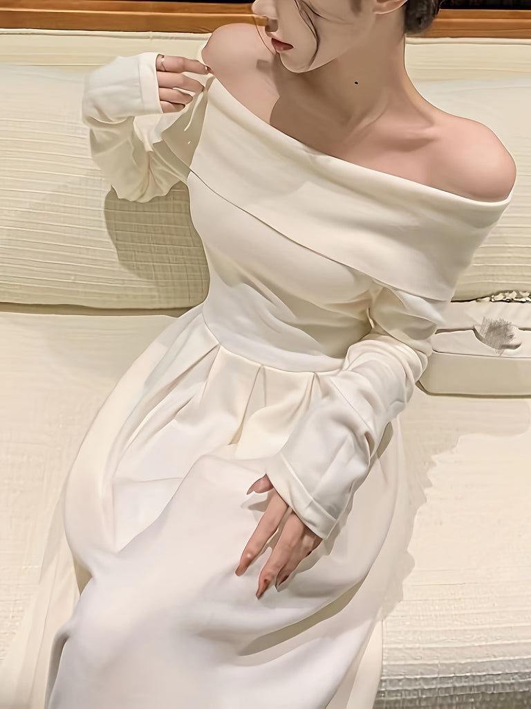 kkboxly  Solid Off Shoulder Aline Dress, Elegant Ruffle Hem Long Sleeve Slim Dress For Spring & Fall, Women's Clothing