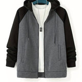 Plus Size Men's Full Zip Hoodies, Color Block Long Sleeve Drawstring Jacket Best Sellers