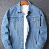 kkboxly Men's Trendy White Line Double Pocket Loose Denim Jacket