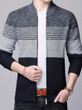 kkboxly  Color Block Warm Zip Up Jacket Sweater, Men's Casual Stand Collar Mid Stretch Cardigan For Fall Winter