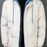 kkboxly  Men's Hooded Padded Jacket, Men Casual Fake Two Piece Padded Coat Windbreaker Zipper For Men Winter