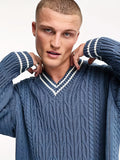 kkboxly  All Match Retro Knitted Cable Sweater, Men's Casual Loose Warm Mid Stretch V Neck Pullover Sweater For Men Fall Winter