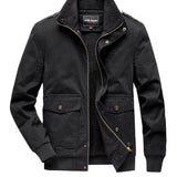 kkboxly  Men's Casual Warm Thick Jacket, Chic Cotton Stand Collar Flap Pocket Jacket For Fall Winter