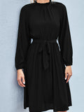 kkboxly  Women's Dresses Elegant Dress Pleated Frill Neck Flounce Long Sleeve Belted Dresses