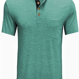 kkboxly  Breathable Solid Color Henley Shirt, Men's Casual V-Neck Pullover T-Shirt Short Sleeve For Summer, Men's Clothing