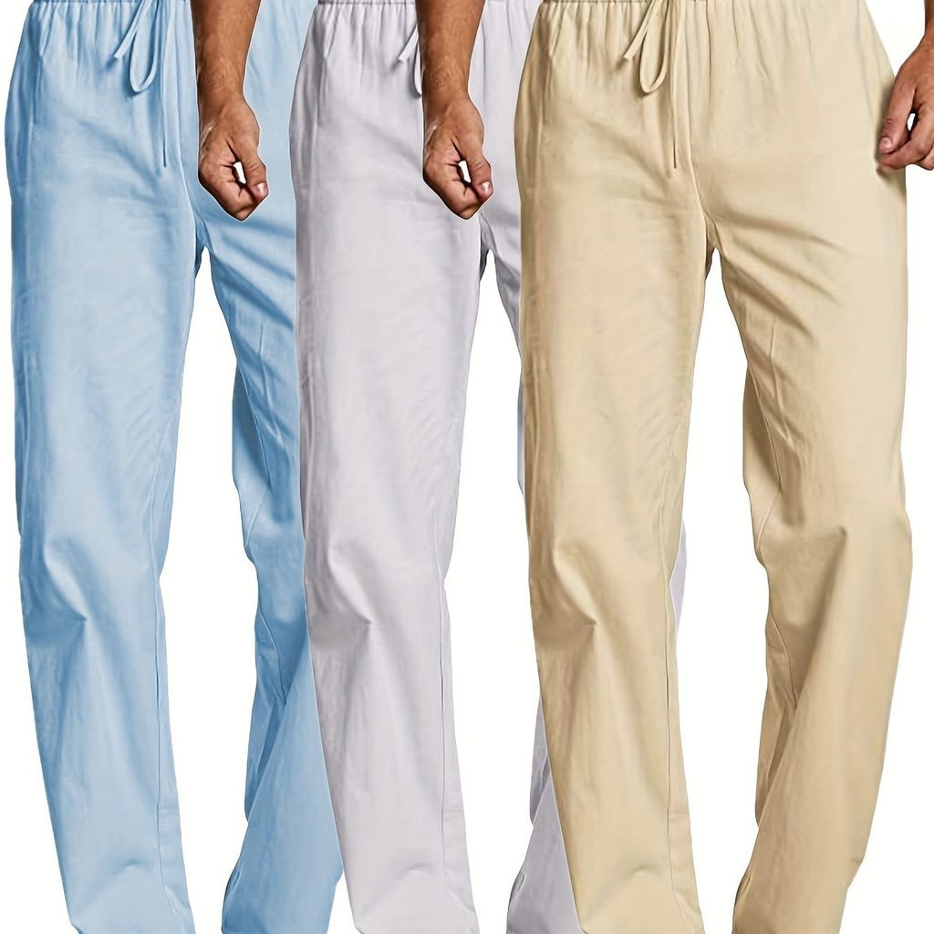kkboxly  Men's Plain Drawstring Cotton Pants, Casual Loose Waistband Long Pants For Yoga Beach Pants, Mens Clothing