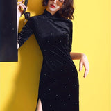 kkboxly  Chinese Vintage Split Cheongsam, Half Sleeve Mandarin Collar Dress, Women's Clothing