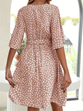 kkboxly  Allover Print Belted V Neck Dress, Casual Short Sleeve Dress For Spring & Summer, Women's Clothing