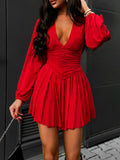 kkboxly Ruched Plunging Mini Dress, Elegant Long Sleeve Dress For Spring & Fall, Women's Clothing