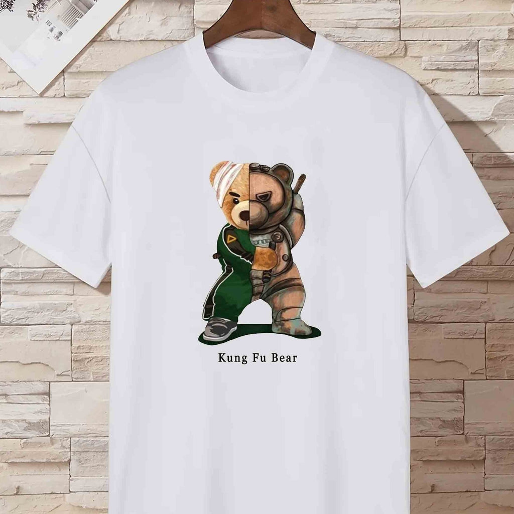 kkboxly  'Kung Fu Bear' Print T Shirt, Tees For Men, Casual Short Sleeve Tshirt For Summer Spring Fall, Tops As Gifts