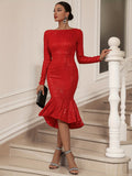 kkboxly  Backless Contrast Sequin Dress, Casual Mermaid Hem Long Sleeve Party Dress, Women's Clothing