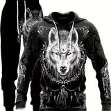 kkboxly  Plus Size Men's Wolf & Letters Graphic Print Sweatshirt & Sweatpants Set For Sports/outdoor/workout, Spring/autumn 2Pcs Tracksuit For Big & Tall Males, Men's Clothing