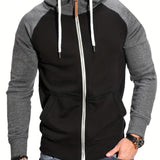 kkboxly  Trendy Color Block Men's Hooded Jacket Casual Long Sleeve Hoodies With Zipper Gym Sports Hooded Coat For Winter Fall