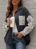 kkboxly  Corduroy Leopard Print Stitching Coat, Casual Lapel Long Sleeve Button Down Fashion Loose Outerwear, Women's Clothing
