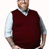 Plus Size Men's Solid Knit Sweater, Fashion Casual Sleeveless V-neck Pullover Sweater For Spring/autumn, Men Clothing