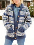 kkboxly  Tribal Pattern Button Down Knit Cardigan, Casual Long Sleeve Thick Sweater With Pocket, Women's Clothing