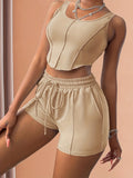 kkboxly  Solid Casual Two-piece Set, Crew Neck Corset Tank Top & Drawstring Elastic Waist Shorts Outfits, Women's Clothing