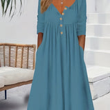 kkboxly  Dual Pockets Button Dress, Casual Crew Neck Long Sleeve Dress, Women's Clothing