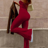 kkboxly  Tie Back Off Shoulder Jumpsuit, Party Wear Solid Flared Leg Jumpsuit, Women's Clothing