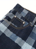 kkboxly  Vintage Style Plaid Denim Shorts, Men's Casual Street Style Denim Shorts For Summer