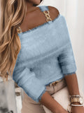 Fuzzy Chain Link Knit Sweater, Elegant Cold Shoulder Long Sleeve Sweater, Women's Clothing