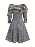 Ethnic Print Drawstring Aline Dress, Vintage Off Shoulder Button Decor Dress For Spring & Fall, Women's Clothing