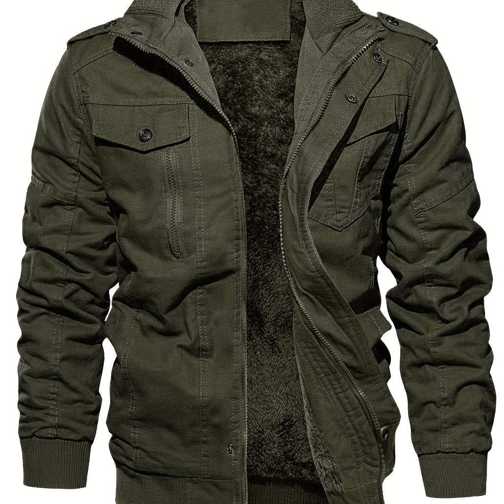 kkboxly Warm Plush Fleece Cotton Jacket, Men's Casual Zipper Pockets Stand Collar Jacket Coat For Fall Winter