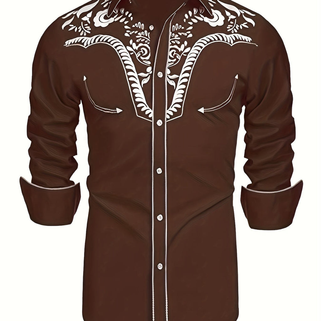 kkboxly 98% Cotton Elegant Western Cowboy Men's Casual Long Sleeve Embroidered Shirt, Men's Shirt For Spring Fall Vacation Resort, Tops For Men