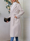Solid Lapel Mid Length Overcoat, Casual Open Front Long Sleeve Outerwear With Pockets, Women's Clothing
