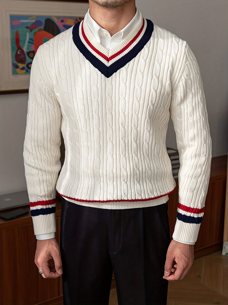 All Match Knitted Sweater, Men's Casual Warm Slightly Stretch V Neck Pullover Sweater For Fall Winter College Varsity