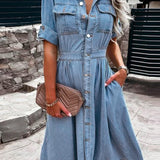 kkboxly  A-Line Flap Pockets Denim Dress, Rolled Sleeve Button Up V Neck Dress, Casual Lapel Denim Long Dress, Women's Denim Dress & Clothing