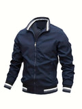 kkboxly  Stripe Edge Bomber Jacket, Men's Casual Stand Collar Zip Up Jacket For Spring Fall Outdoor