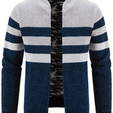kkboxly  Warm Fleece Striped Cardigan Jacket, Men's Casual Stand Collar Jacket Coat For Winter