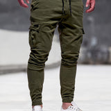 Trendy Solid Drawstring Cargo Pants, Men's Multi Flap Pocket Trousers, Loose Casual Outdoor Pants, Men's Work Pants Outdoors Streetwear Hip Hop Style