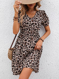 2025 kkboxly  Leopard Print V Neck Dress, Casual Short Sleeve Elastic Waist Dress For Spring & Summer, Women's Clothing
