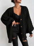 kkboxly  Plus Size Casual Cardigan, Women's Plus Solid Cable Knitted Lantern Sleeve Button Up High Stretch Sweater Cardigan