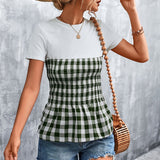 kkboxly  Plaid Two Tone Crew Neck T-shirt,  Gingham Print Contrast Panel Top T-shirt, Women's Clothing