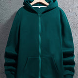 kkboxly  Regular Solid Color Men's Hooded Sweatshirt Casual Long Sleeve Hoodies With Full Zip Up, Men's Casual Zipper Hooded Jacket