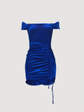 kkboxly  Sexy Off Shoulder Drawstring Dress, Velour Sexy Bodycon Club Dress, Women's Clothing