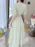 kkboxly  Floral Print Ruffle Trim Dress, Elegant Shirred Bow Tie Short Sleeve Dress, Women's Clothing