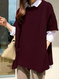 kkboxly  Plus Size Casual Knit Top, Women's Plus Solid Short Sleeve Round Neck Split Hem Loose Knit Top