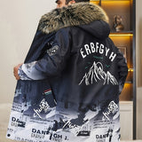 Men's Casual Mountain Print Hooded Warm Thick Jacket, Chic Fleece Lined Coat For Fall Winter