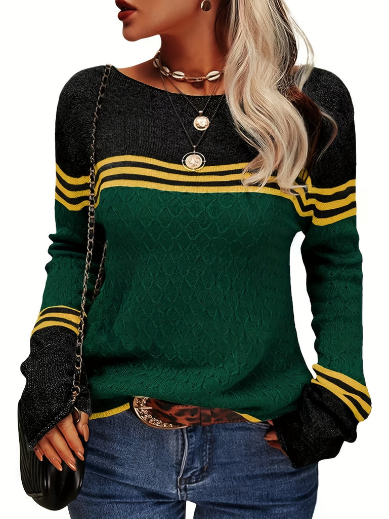 Color Block Boat Neck Knitted Top, Casual Long Sleeve Pullover Sweater For Fall & Winter, Women's Clothing