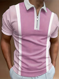 kkboxly  Stripe Print Men's Casual Short Sleeves Zipper Color Block Polo Shirts, Lapel Collar Tops Pullovers, Men's Clothing For Summer